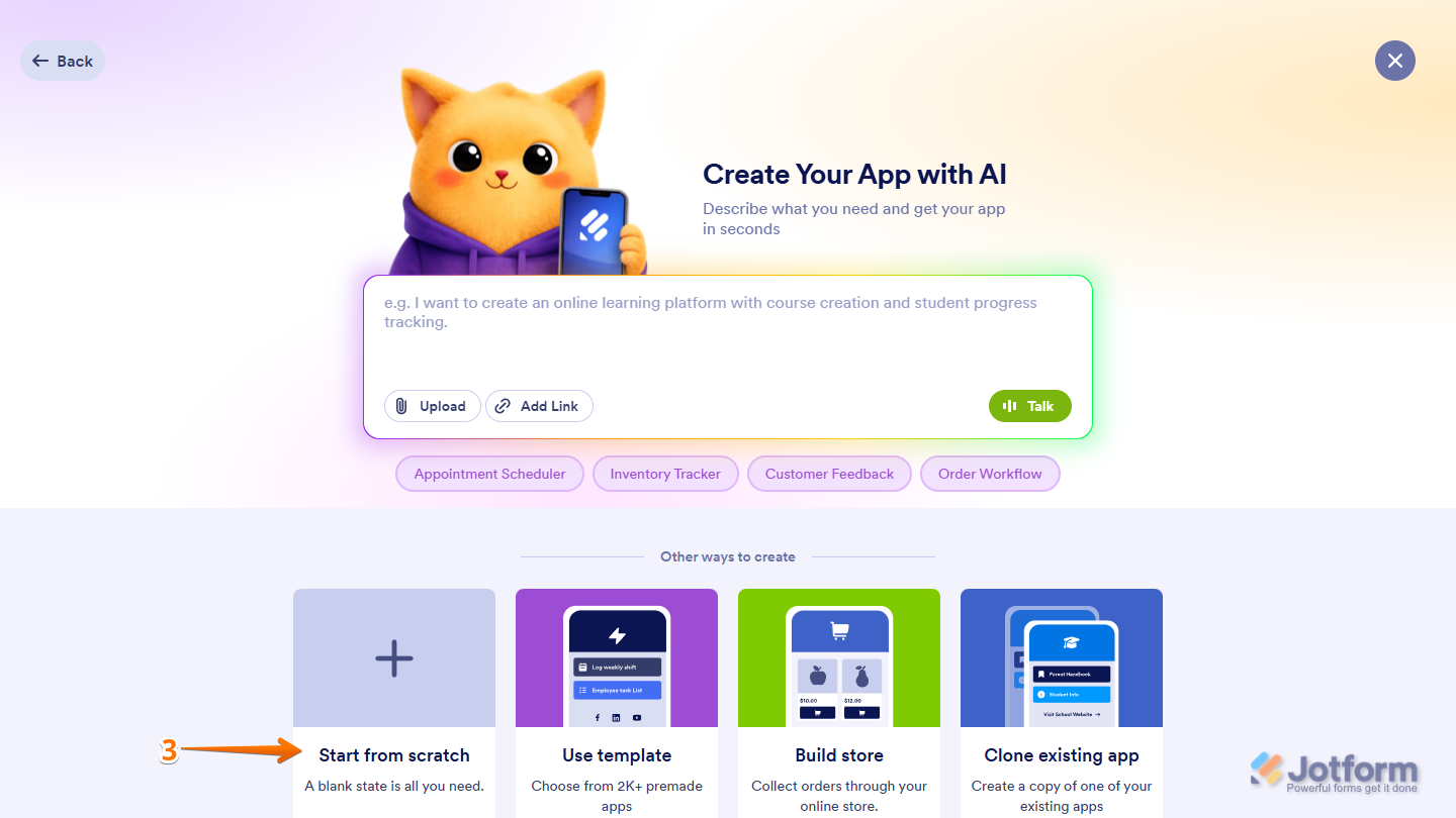 Start From Scratch option in Create App menu on Jotform Workspace page