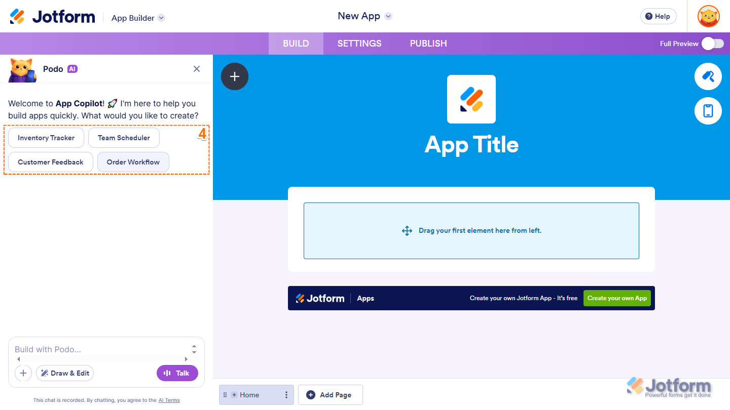 Create app predefined suggestions in welcome message in App Copilot AI chatbox in Jotform App Builder