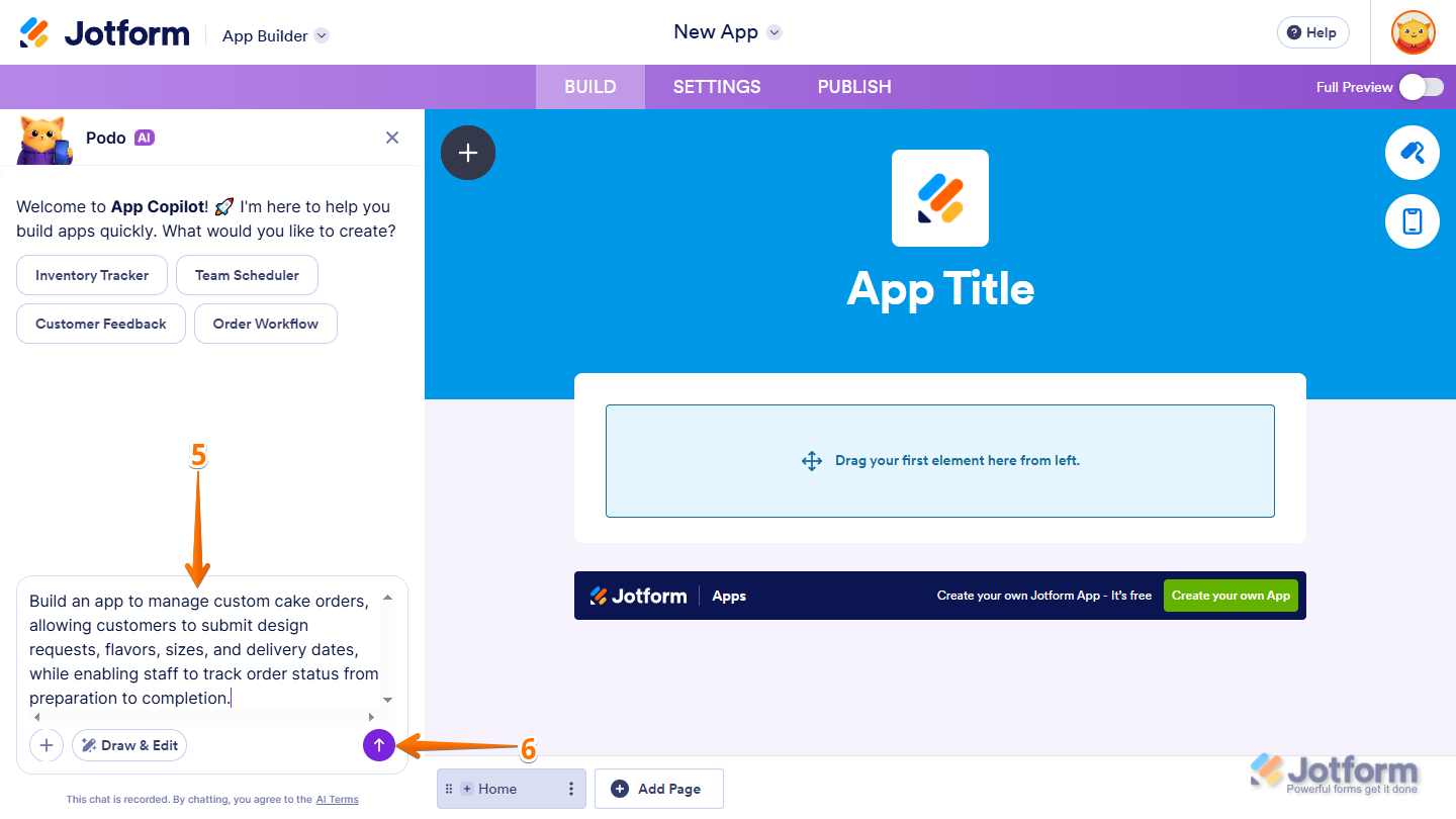 App creation prompt in App Copilot AI chatbox in Jotform App Builder