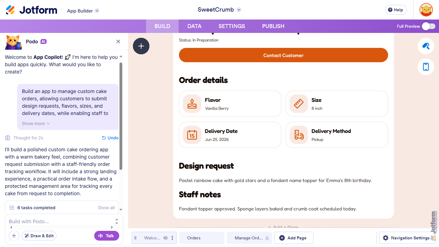 App creation progress and preview in Jotform AI Builder