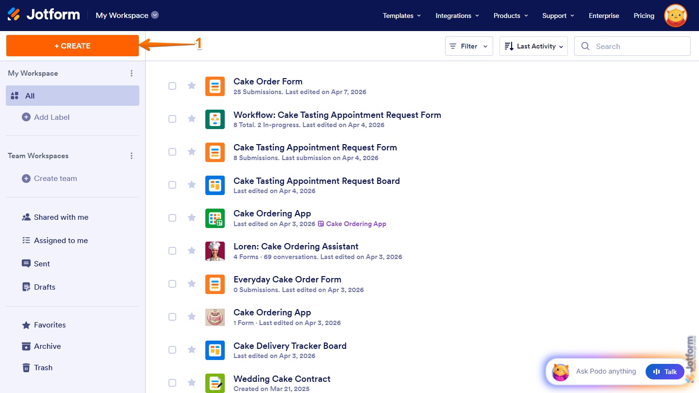 Create button on Jotform Workspace page