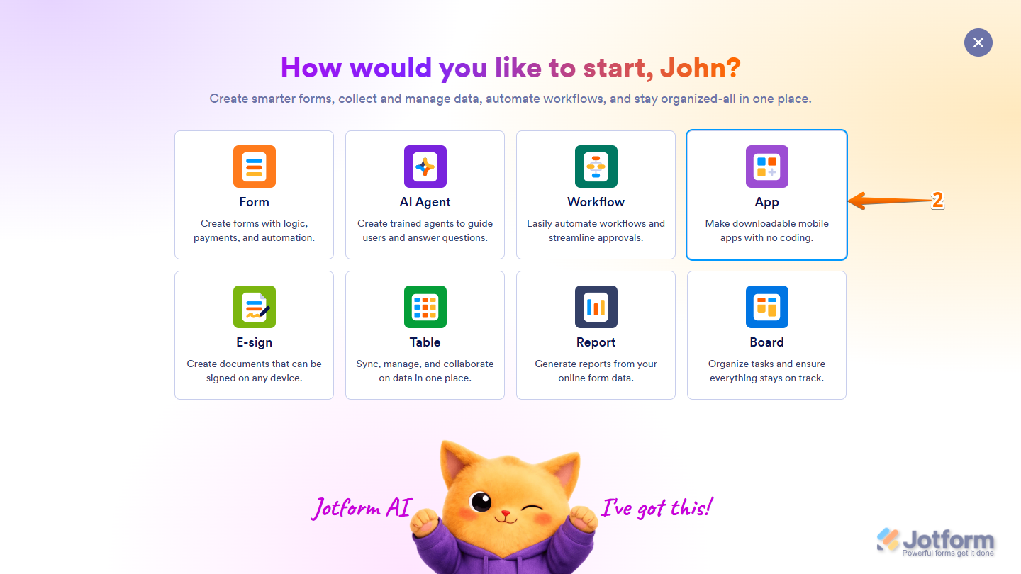 Select App option in Create Asset menu on Jotform Workspace page
