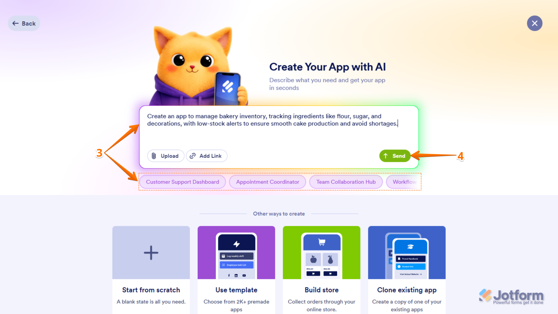 Create Your App Prompt box on Jotform Workspace page