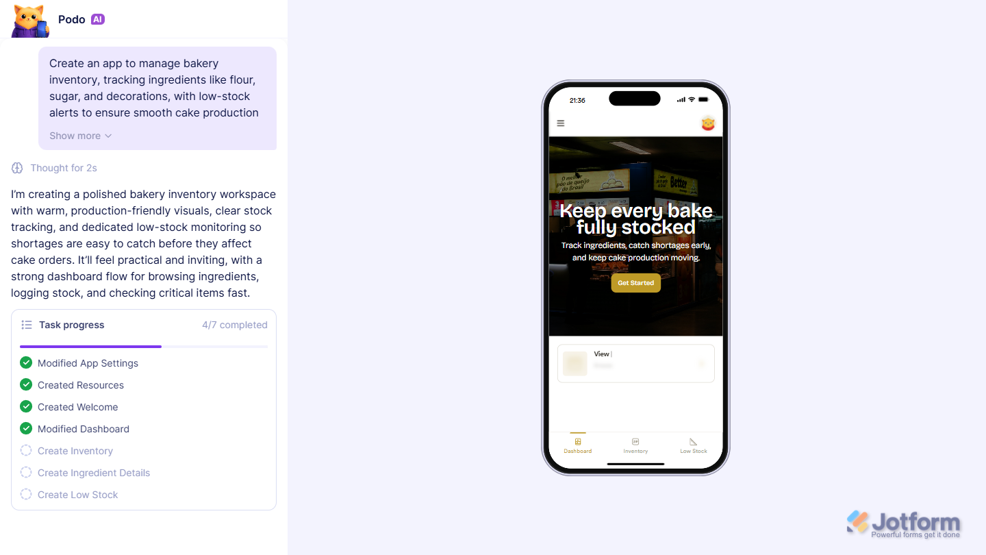 App creation progress and preview on Jotform AI Creation Page