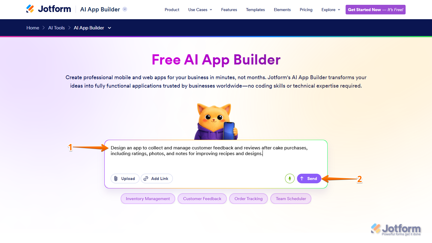 App creation prompt on Jotform AI App Builder page