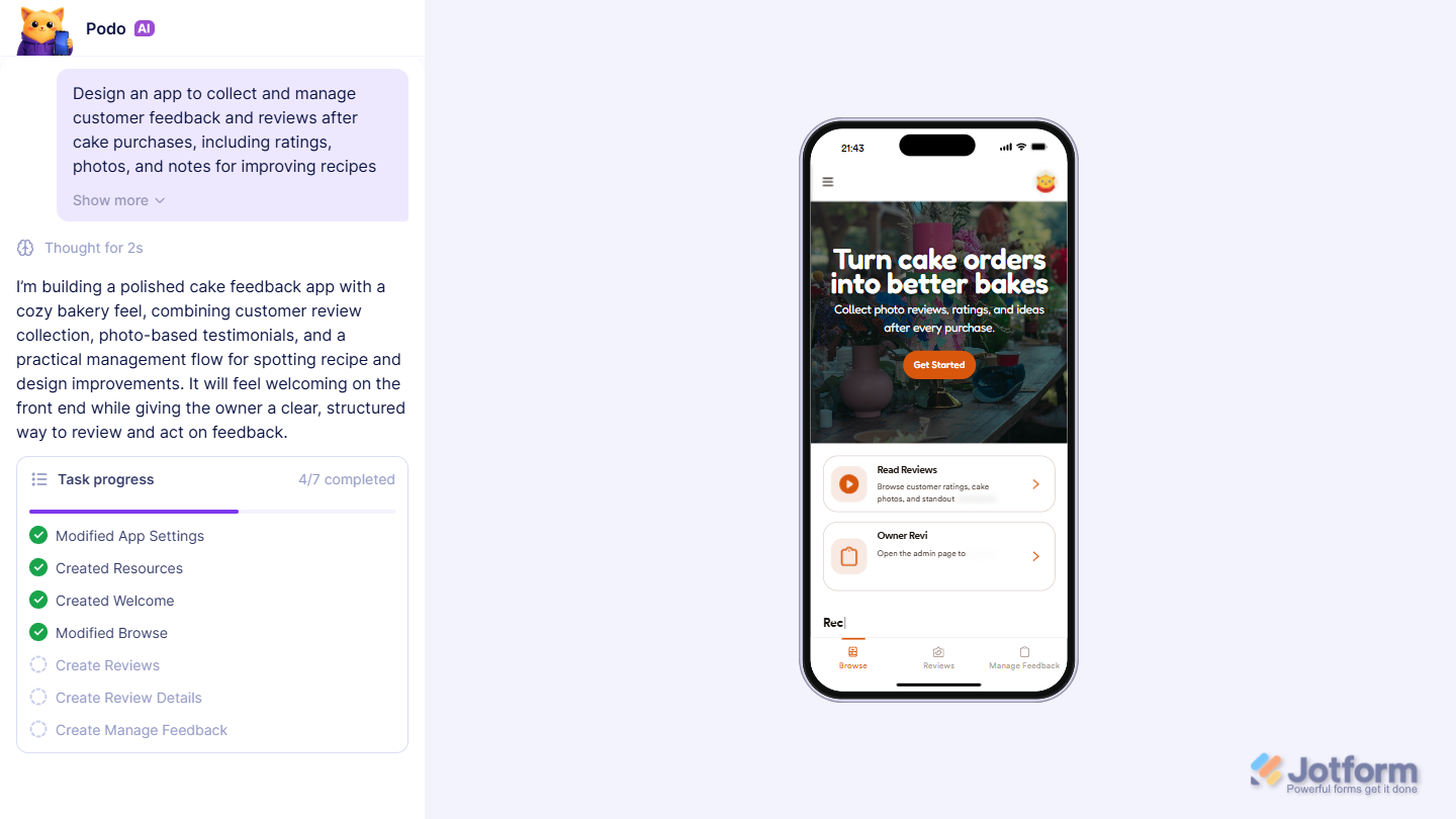 App creation progress and preview on Jotform AI Creation Page