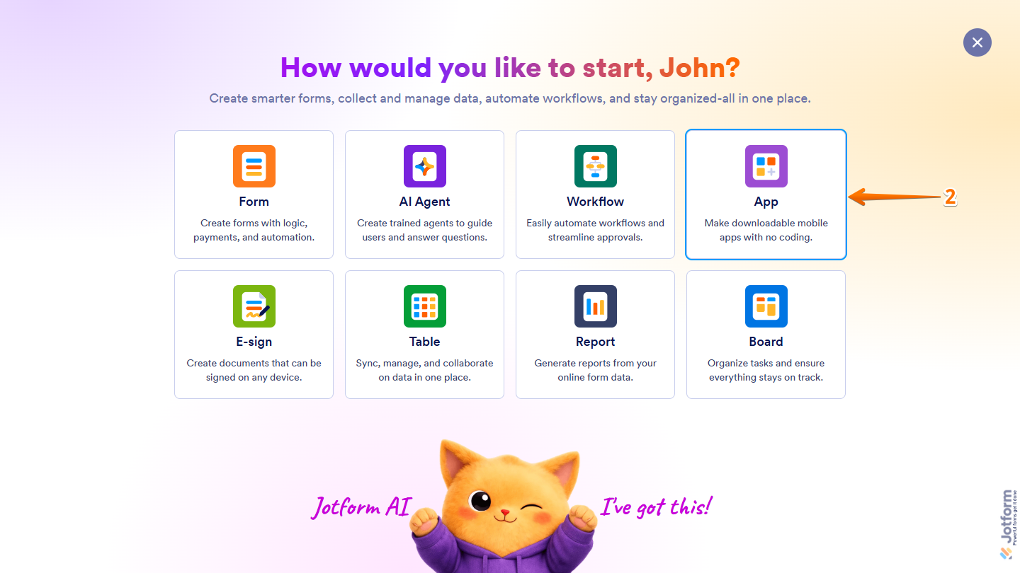 Select App option in Create Asset menu on Jotform Workspace page