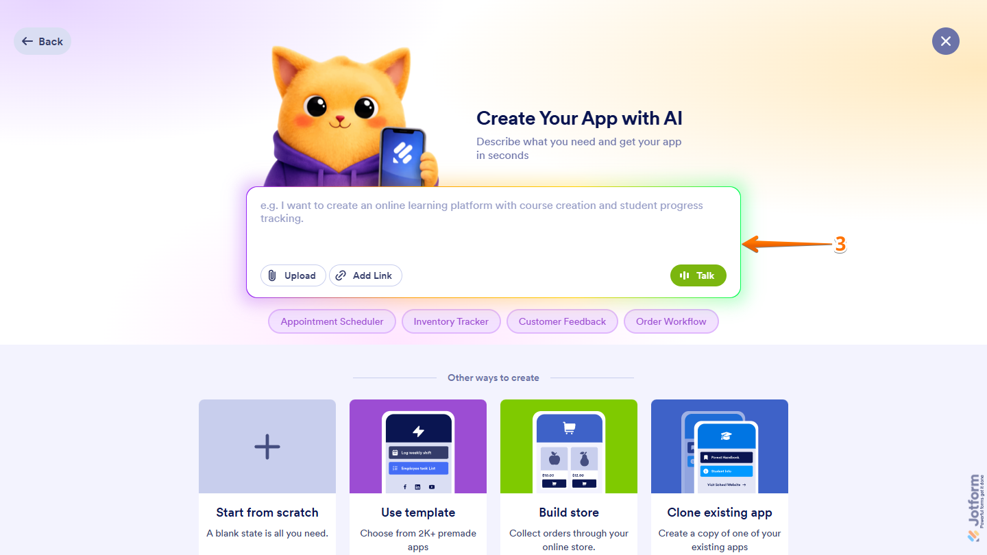 Create Your App Prompt box on Jotform Workspace page