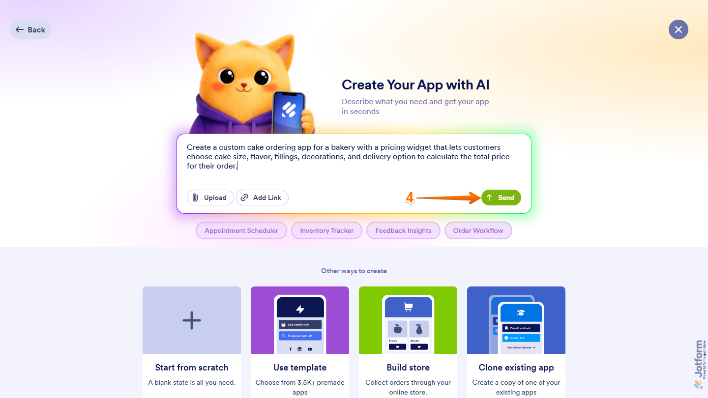 Create Your App Prompt box Send button on Jotform Workspace page