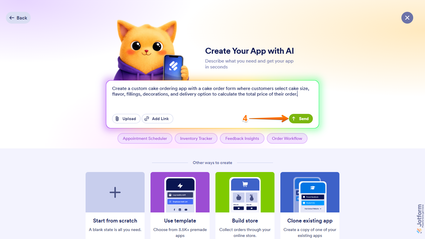 Create Your App Prompt box Send button on Jotform Workspace page