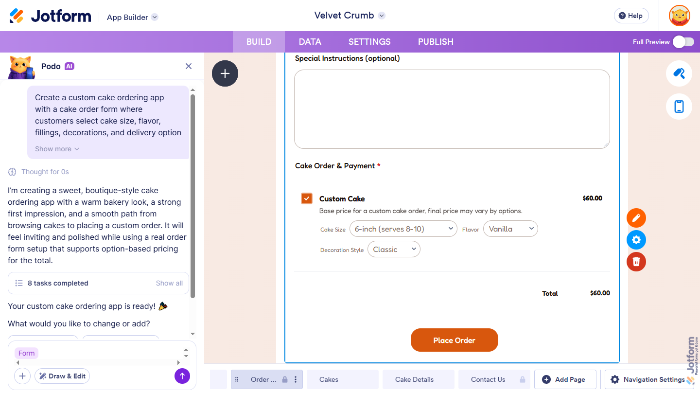 Newly created AI-generated app with a form in Jotform App Builder