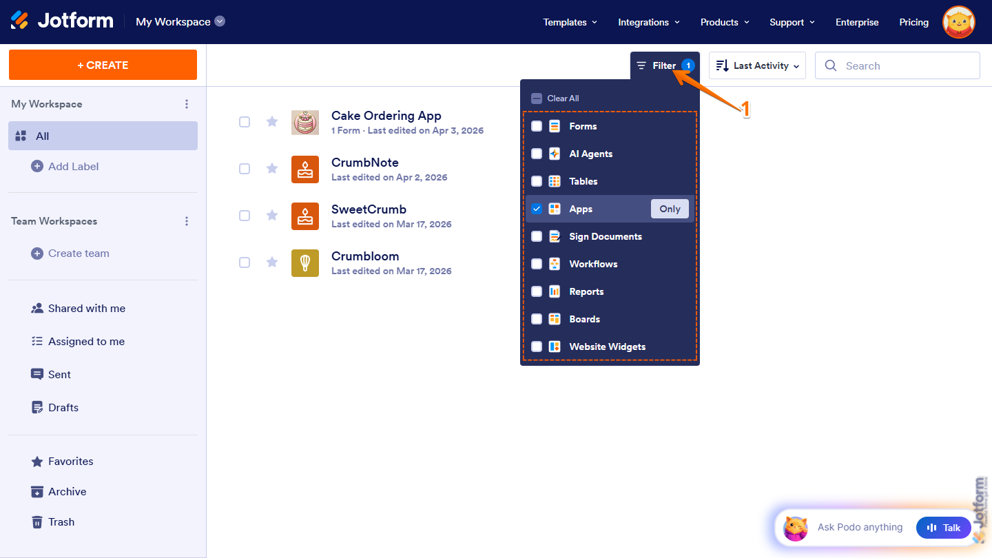 Apps option in the Filter menu on Jotform Workspace page