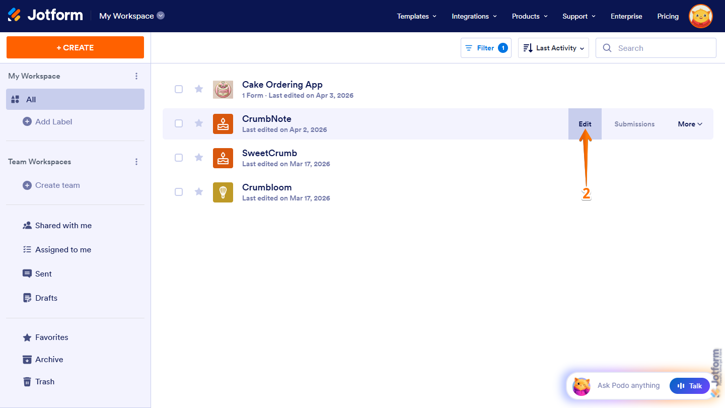 App Edit button on Jotform Workspace page