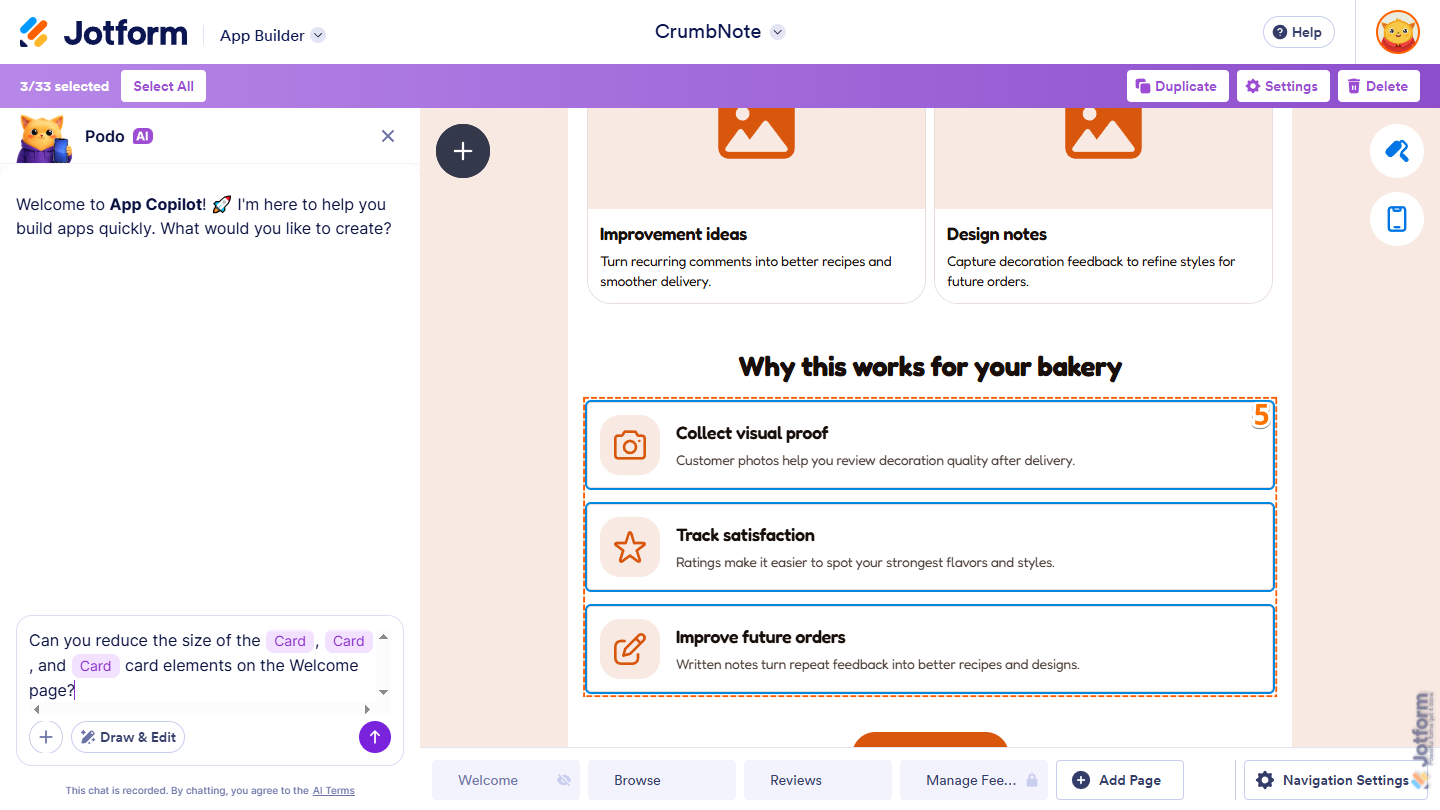 Selected element in the chat box at the bottom of the App Copilot AI chat window in Jotform App Builder
