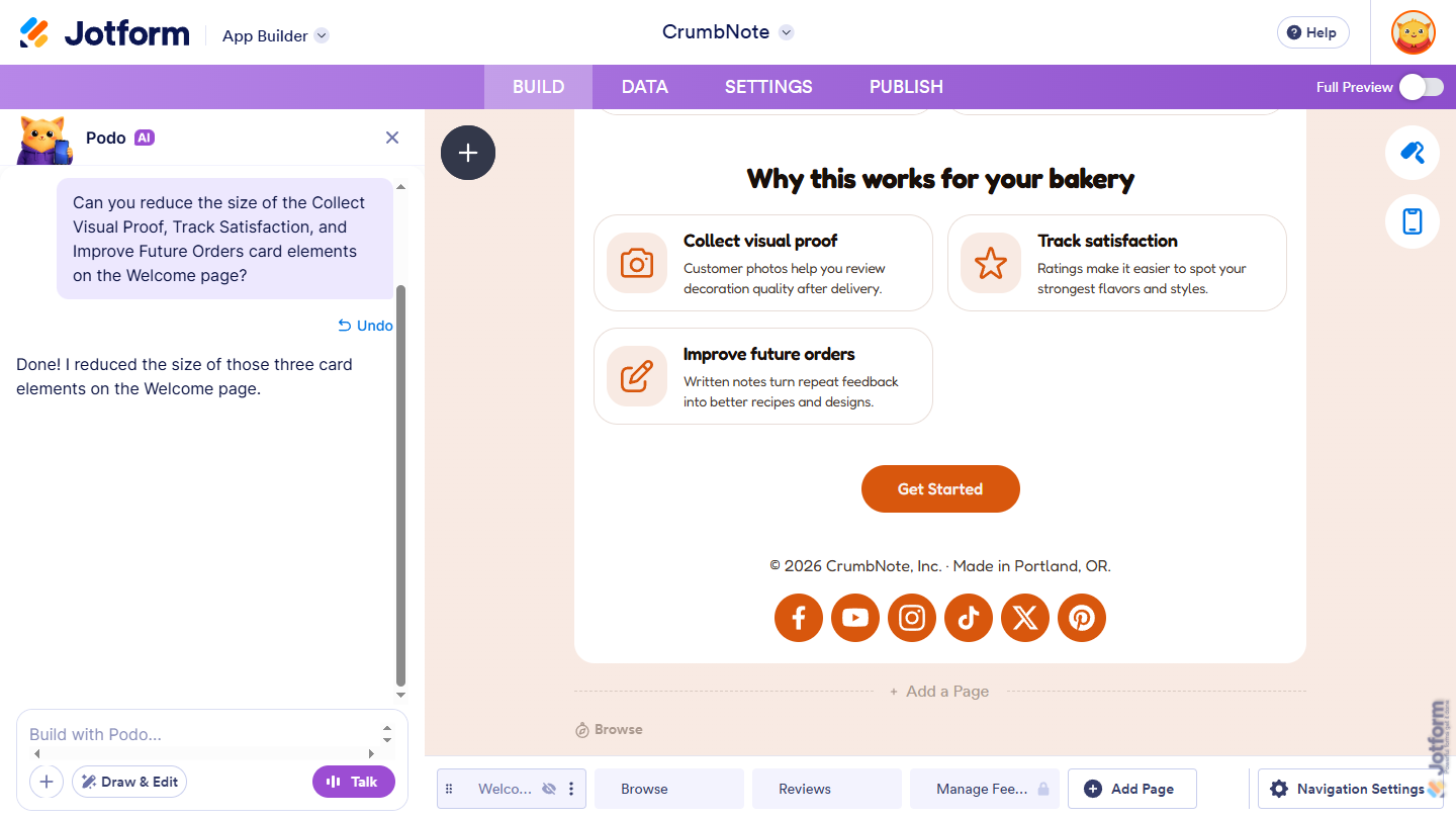Modification from App Copilot AI chat window message applied in Jotform App Builder