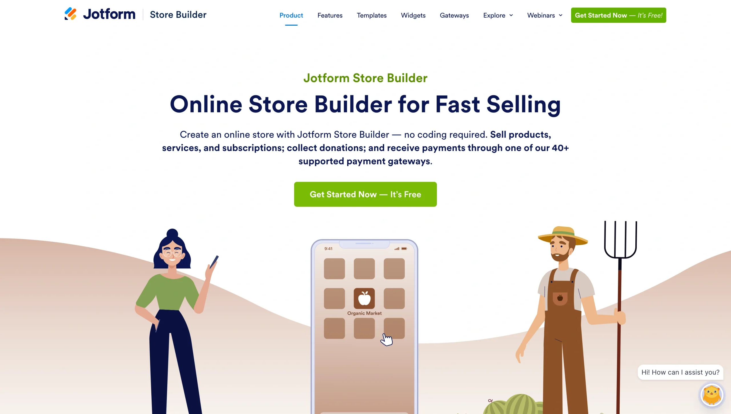 Screenshot of the Jotform Store Builder landing page, showing a headline "Online Store Builder for Fast Selling"