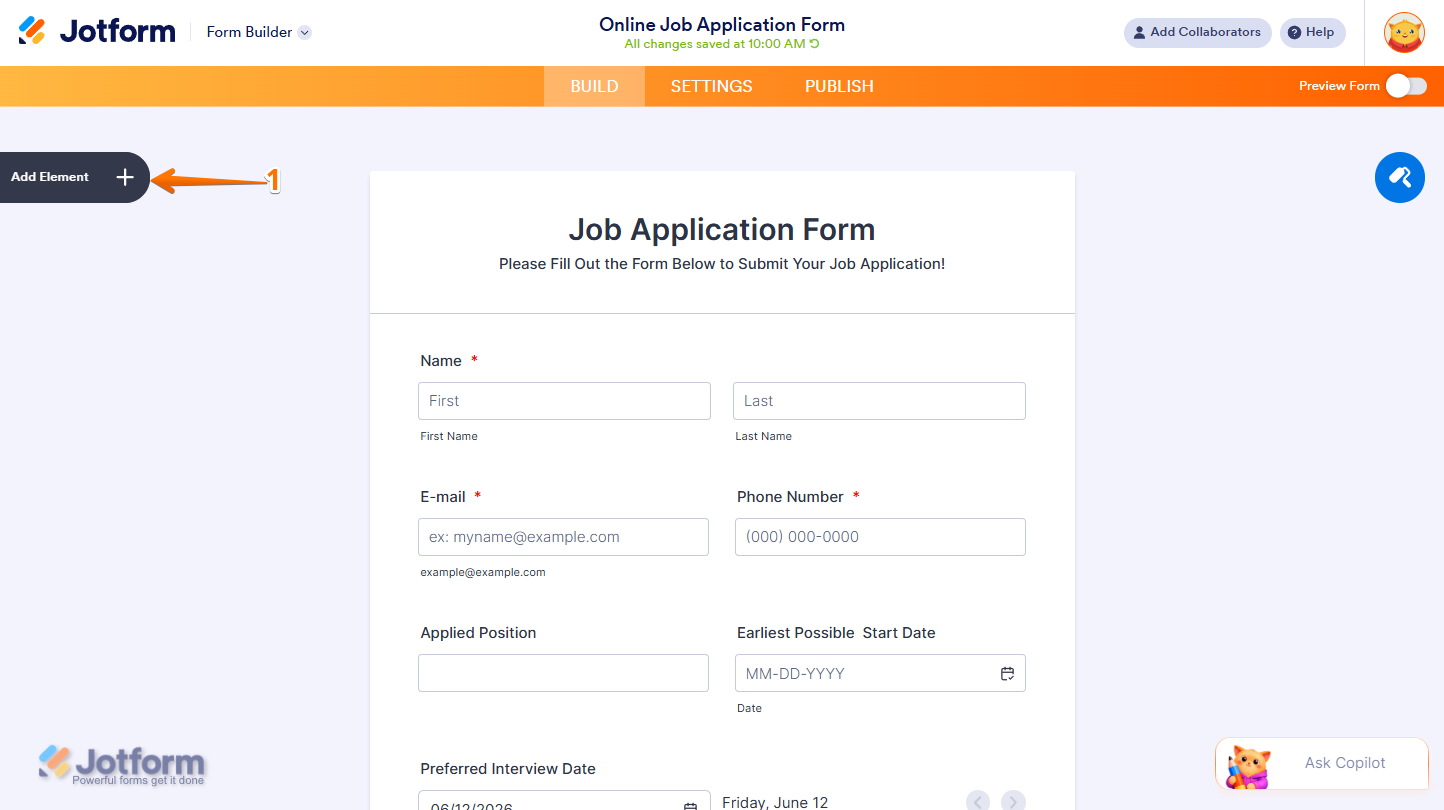 Add Element menu in Jotform Form Builder