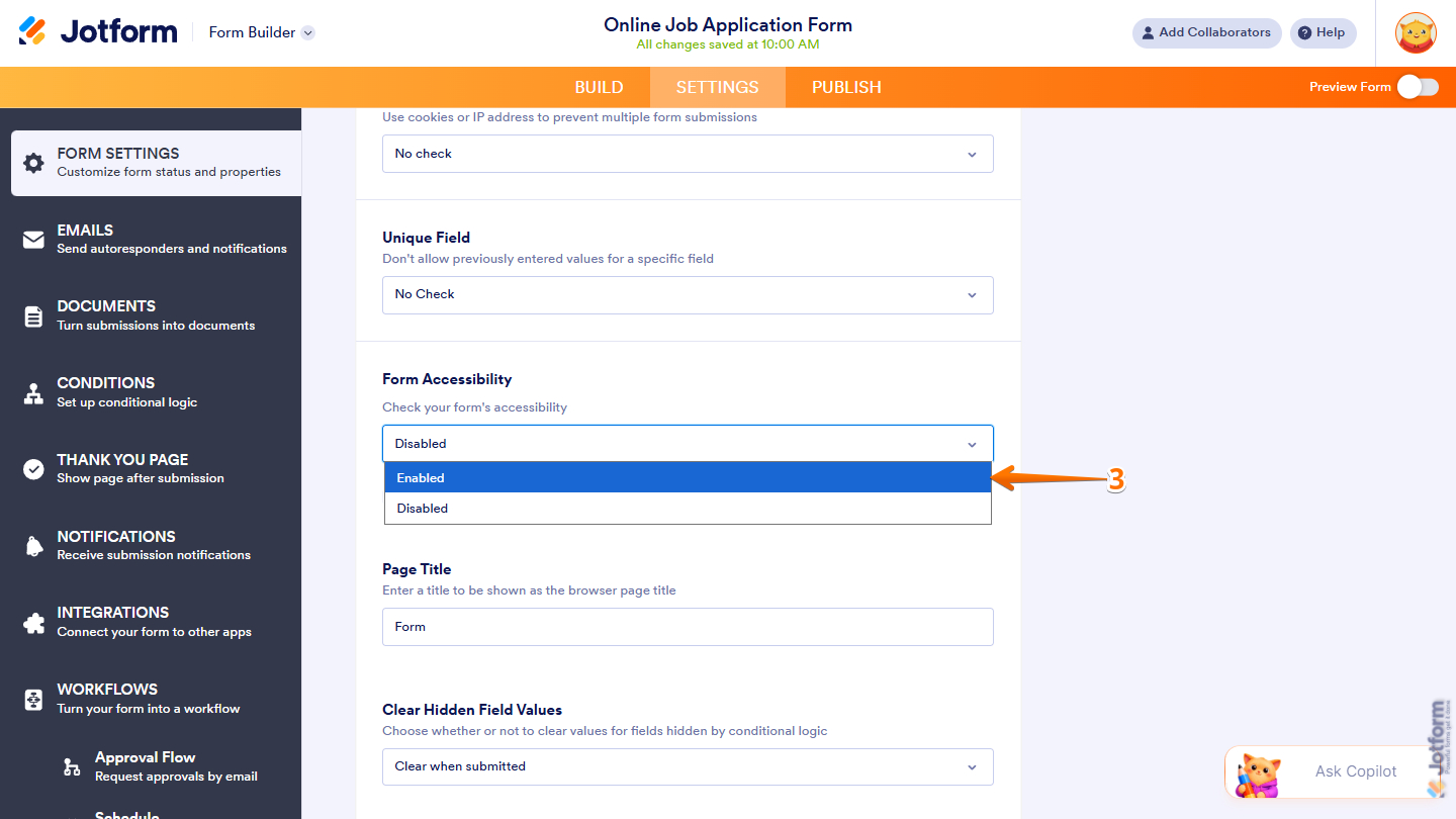 Form Accessibility dropdown menu in Form Settings page of the Jotform Form Builder