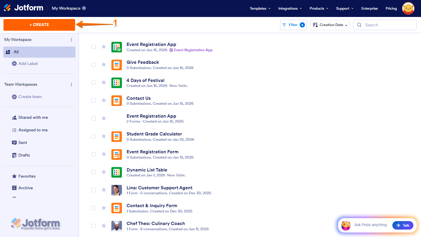 Jotform Workspace showing the Create button on the top-left side of the page, ready to start creating a new asset