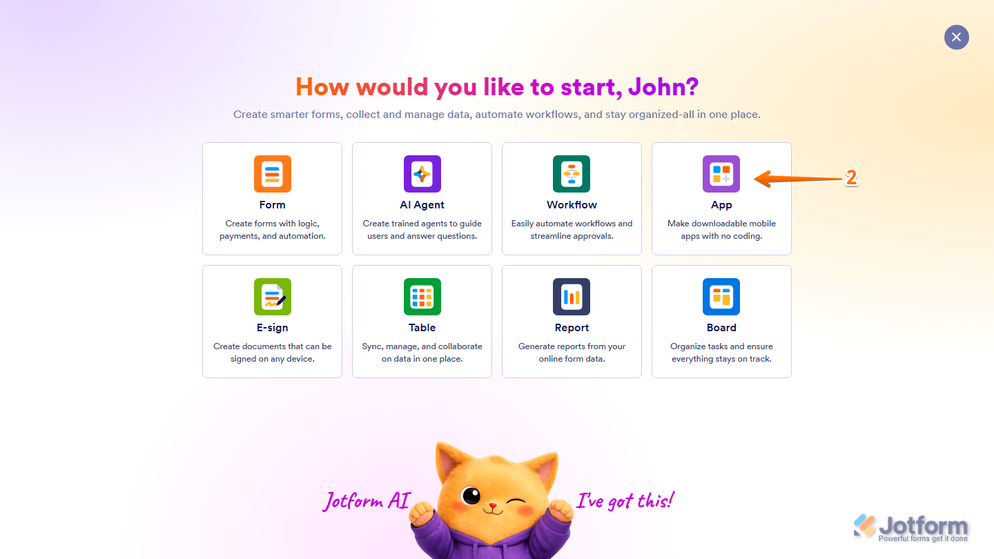 Jotform Workspace Create menu showing the App option available for selection when creating a new app