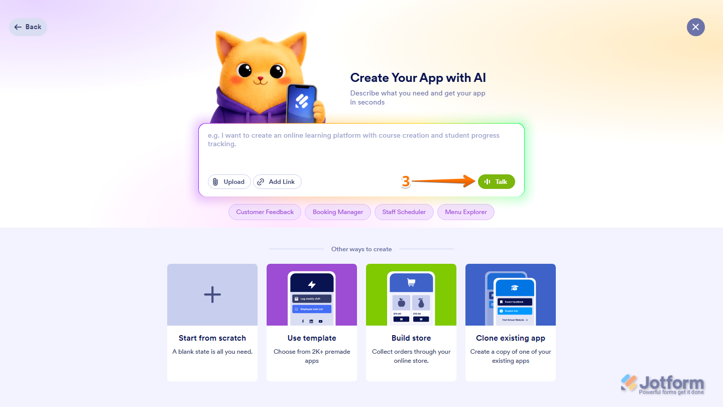 Jotform Apps Create Your App with AI screen showing the Talk button at the bottom-right corner of the prompt box for starting voice input