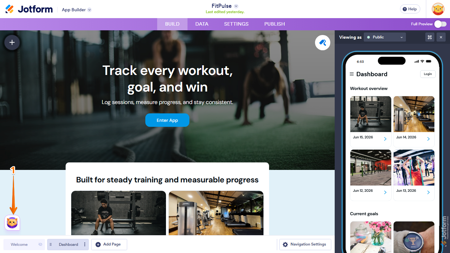 Jotform App Builder showing the Build with Podo chatbox in the bottom-left corner of the page, ready to be opened for AI-assisted app creation and editing