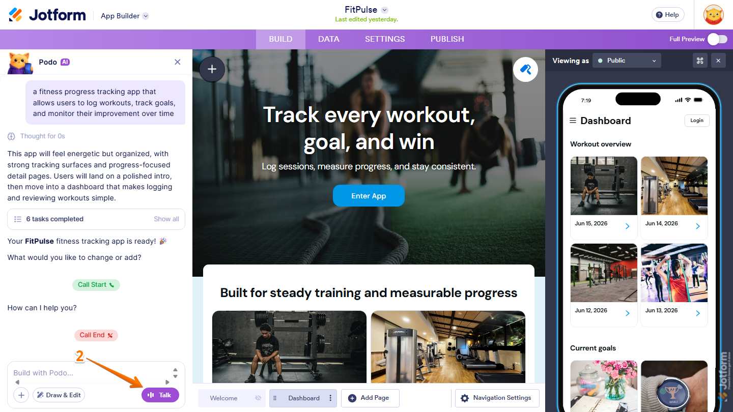 Jotform App Builder showing the Build with Podo chatbox open with the Talk button available for starting a voice conversation with Podo AI