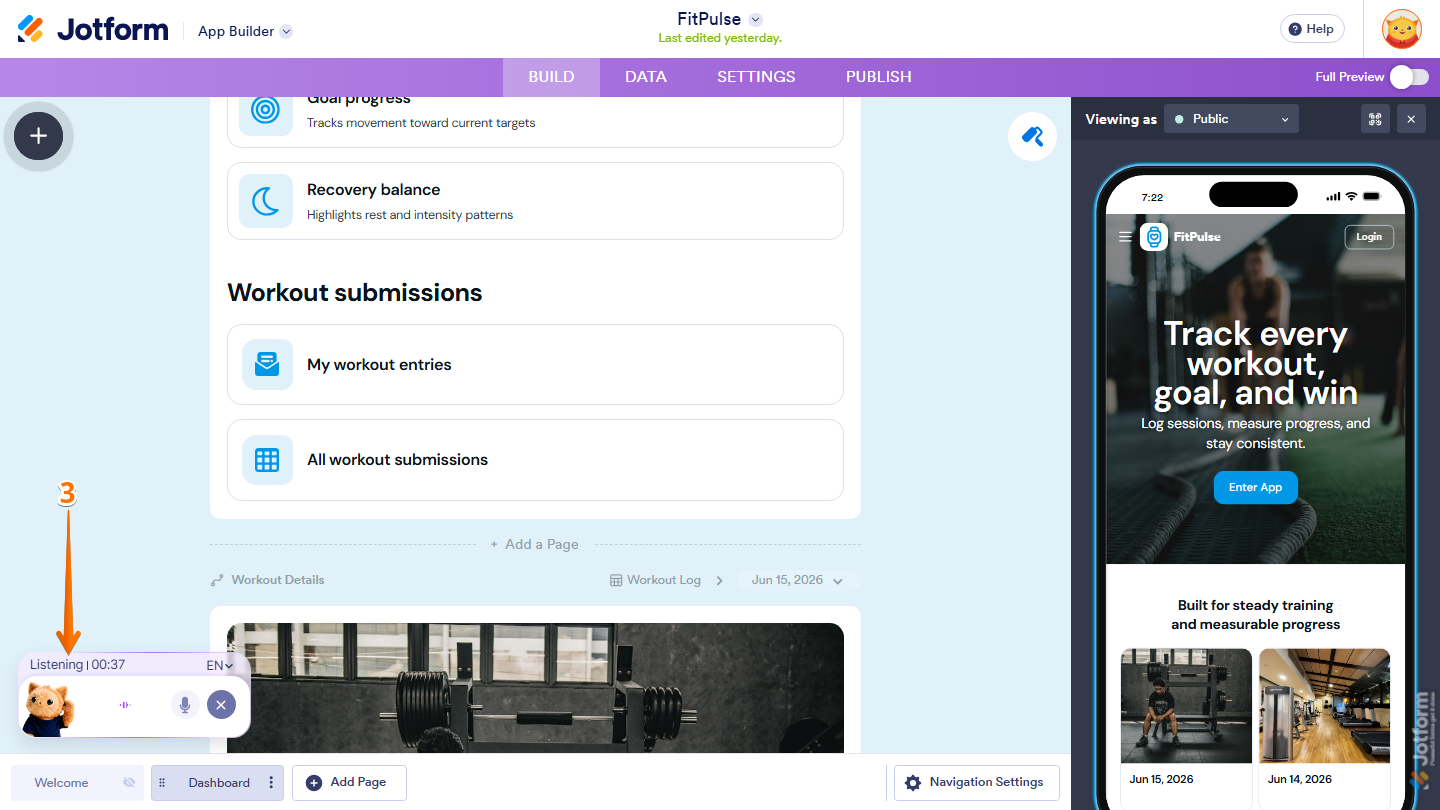 Jotform App Builder Build with Podo chatbox showing example voice commands for adding features such as a contact page, photo gallery, payment page, booking section, analytics dashboard, search bar, custom branding, FAQ page, and file upload section