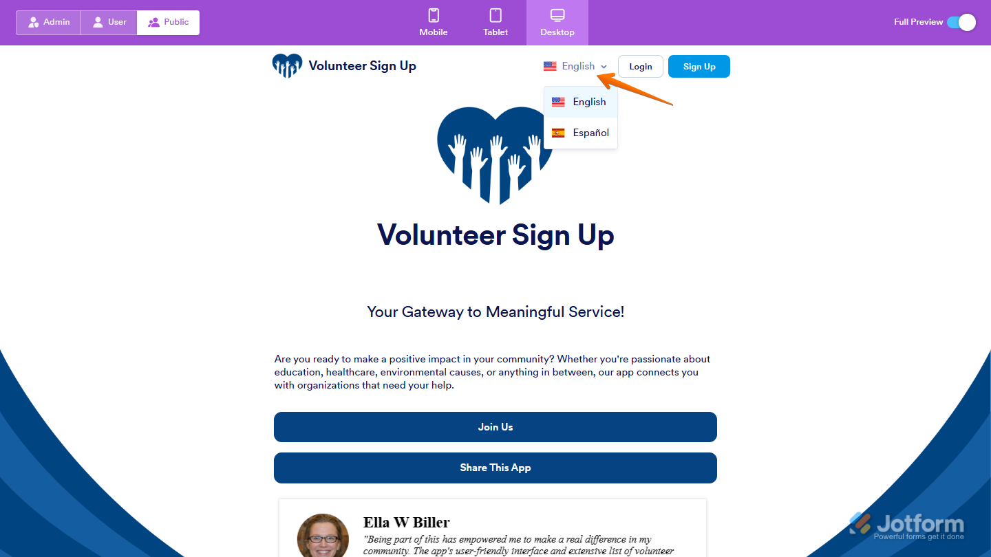 Language selector in the Full Preview page of the Jotform AI App Builder