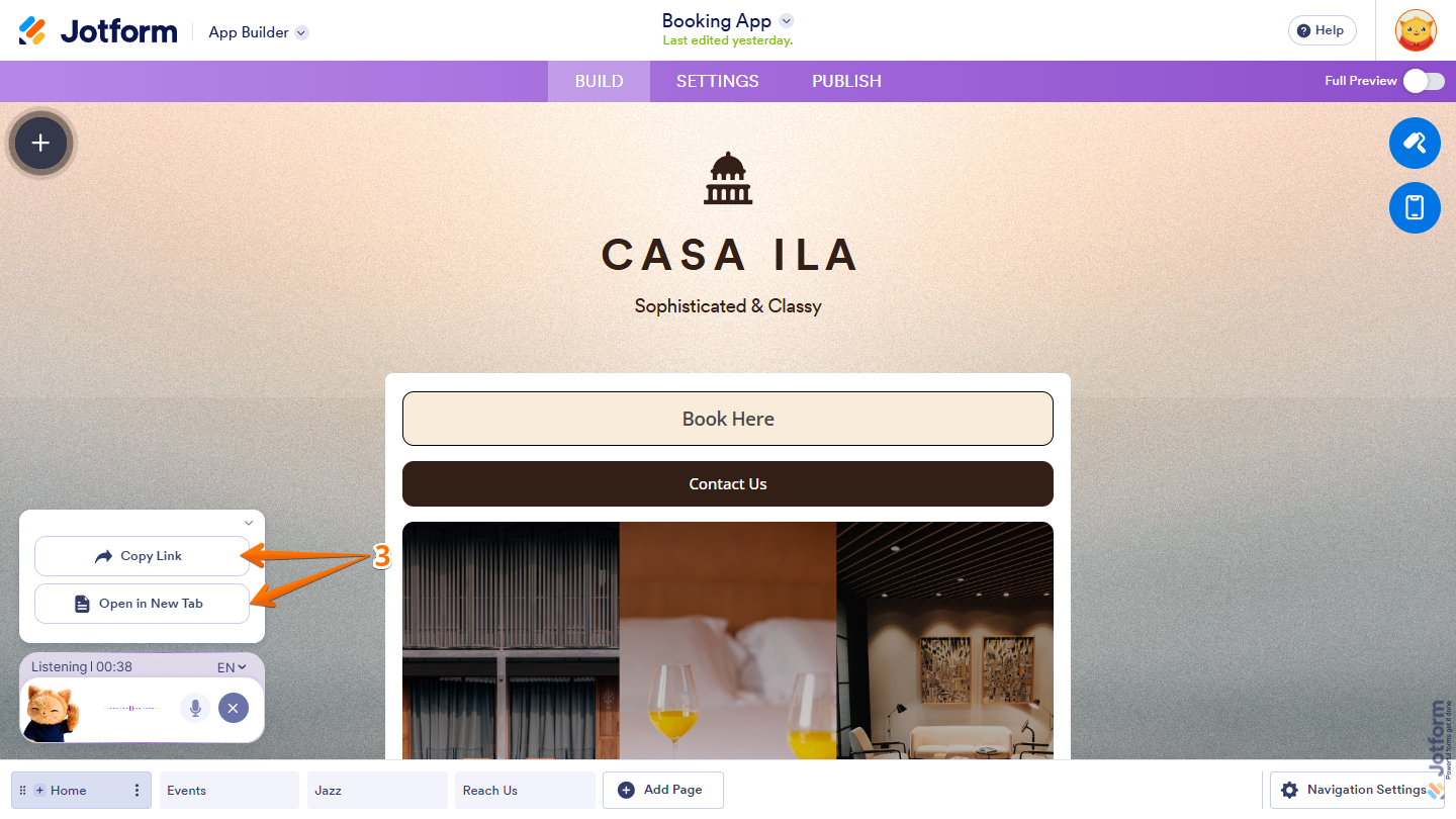Copy Link and Open in New Tab buttons in Podo AI assistant