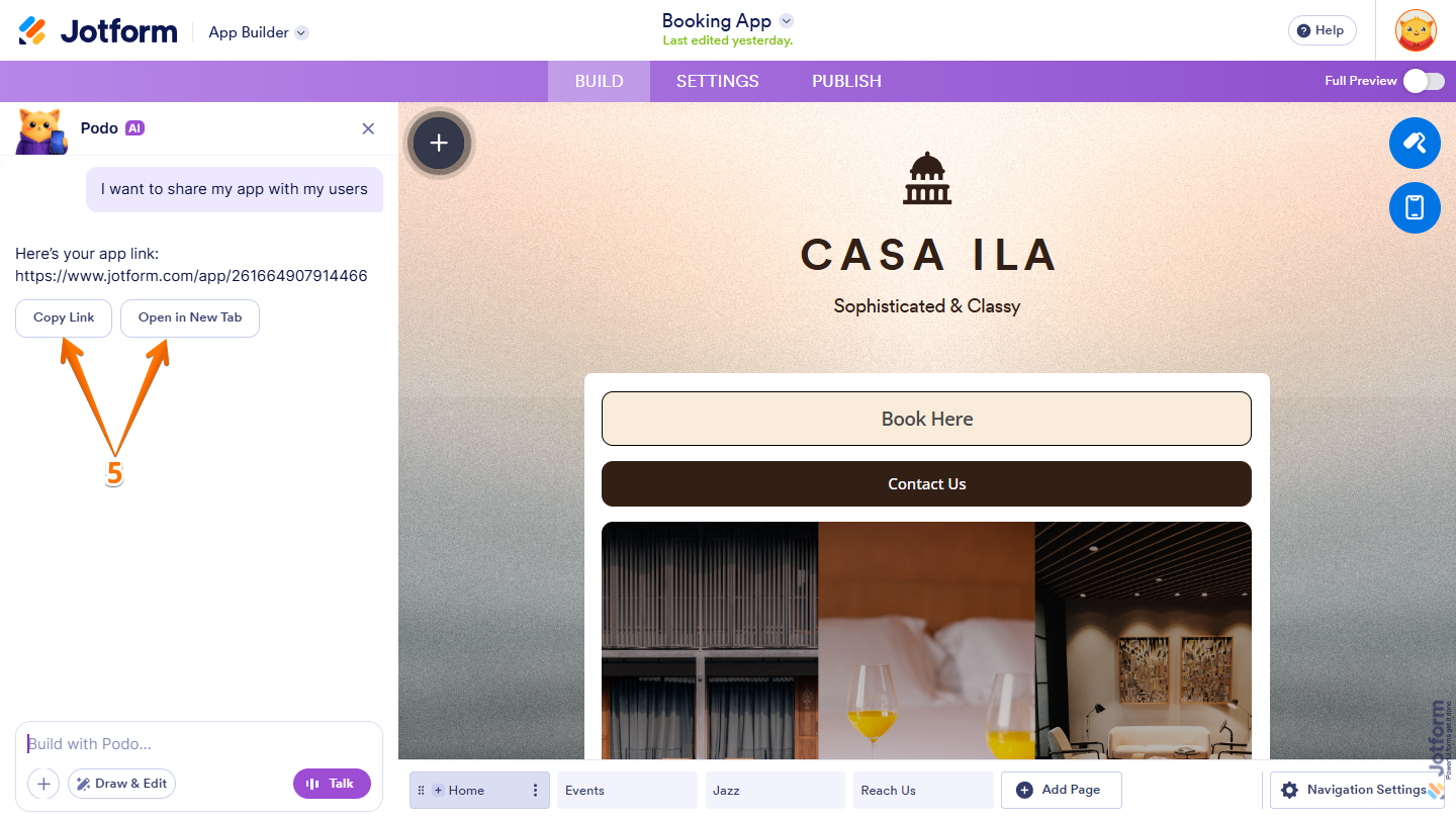 Copy Link and Open in New Tab buttons in Podo AI chatbox menu
