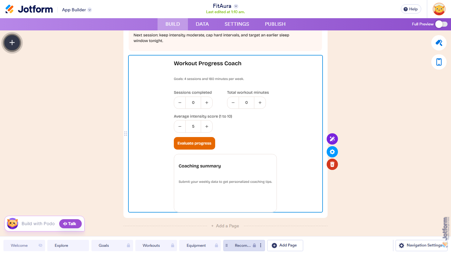 Jotform App Builder showing a newly generated AI Widget, such as a Workout Progress Coach, providing personalized insights, progress evaluations, and recommendations based on user-submitted activity data