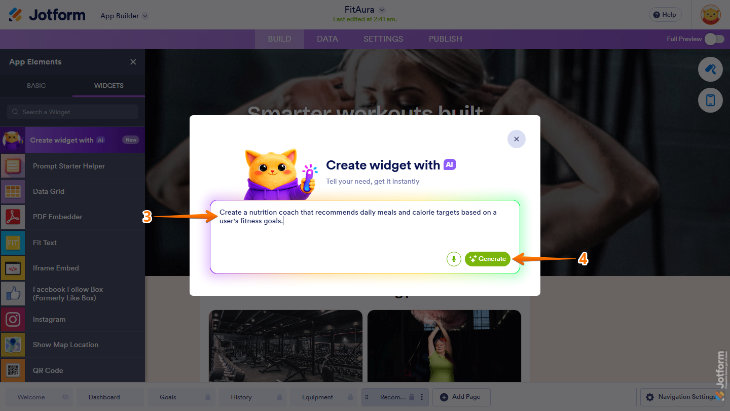 Jotform App Builder Create Widget with AI window showing a prompt entered in the text box with example widget ideas, and the Generate button ready to create an AI-powered widget