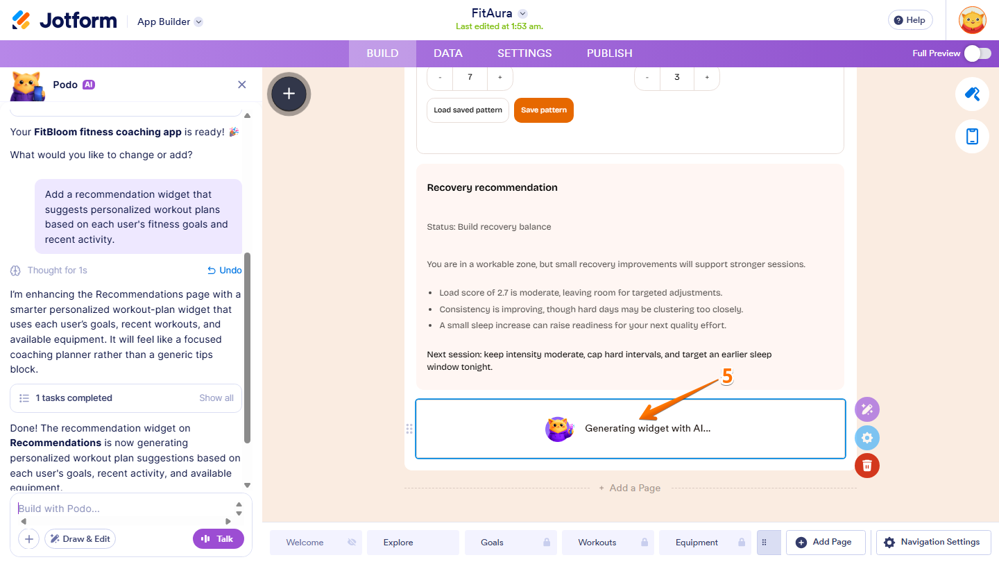 Jotform App Builder displaying a Generating Widget with AI message while the Create Widget with AI feature processes a prompt and builds a new AI-powered widget