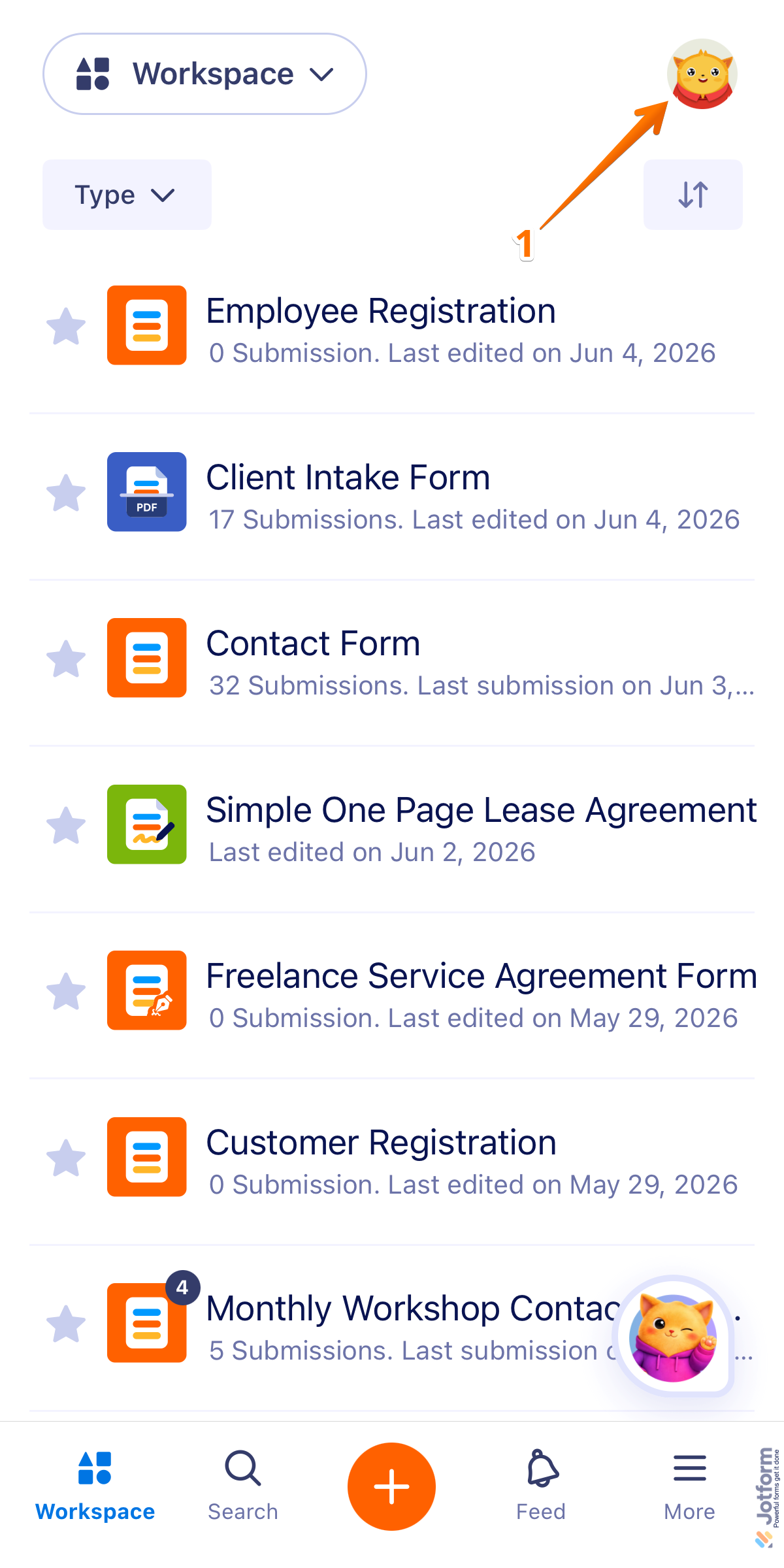 Jotform Mobile App showing the Profile Picture/Avatar icon in the top-right corner of the screen