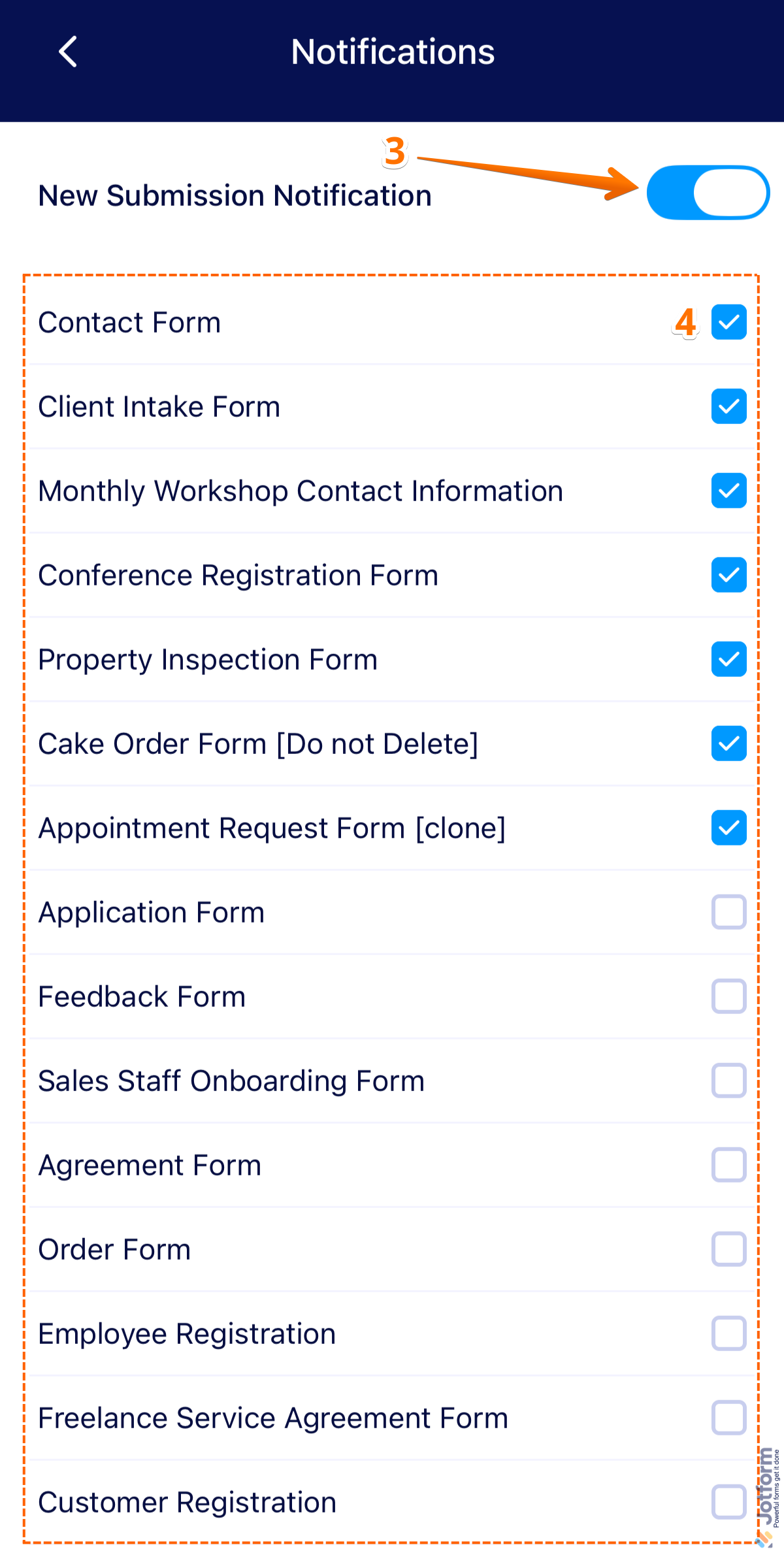 Jotform Mobile App Notifications settings showing the New Submission Notification toggle and a list of forms with selectable checkboxes for managing push notifications