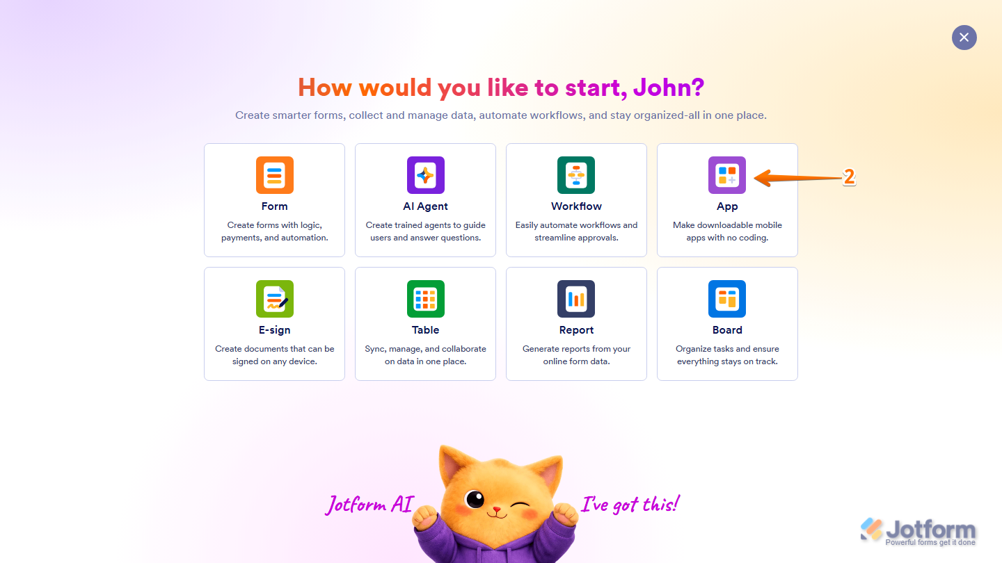 Jotform Workspace Create menu showing the App option available for selection when creating a new app