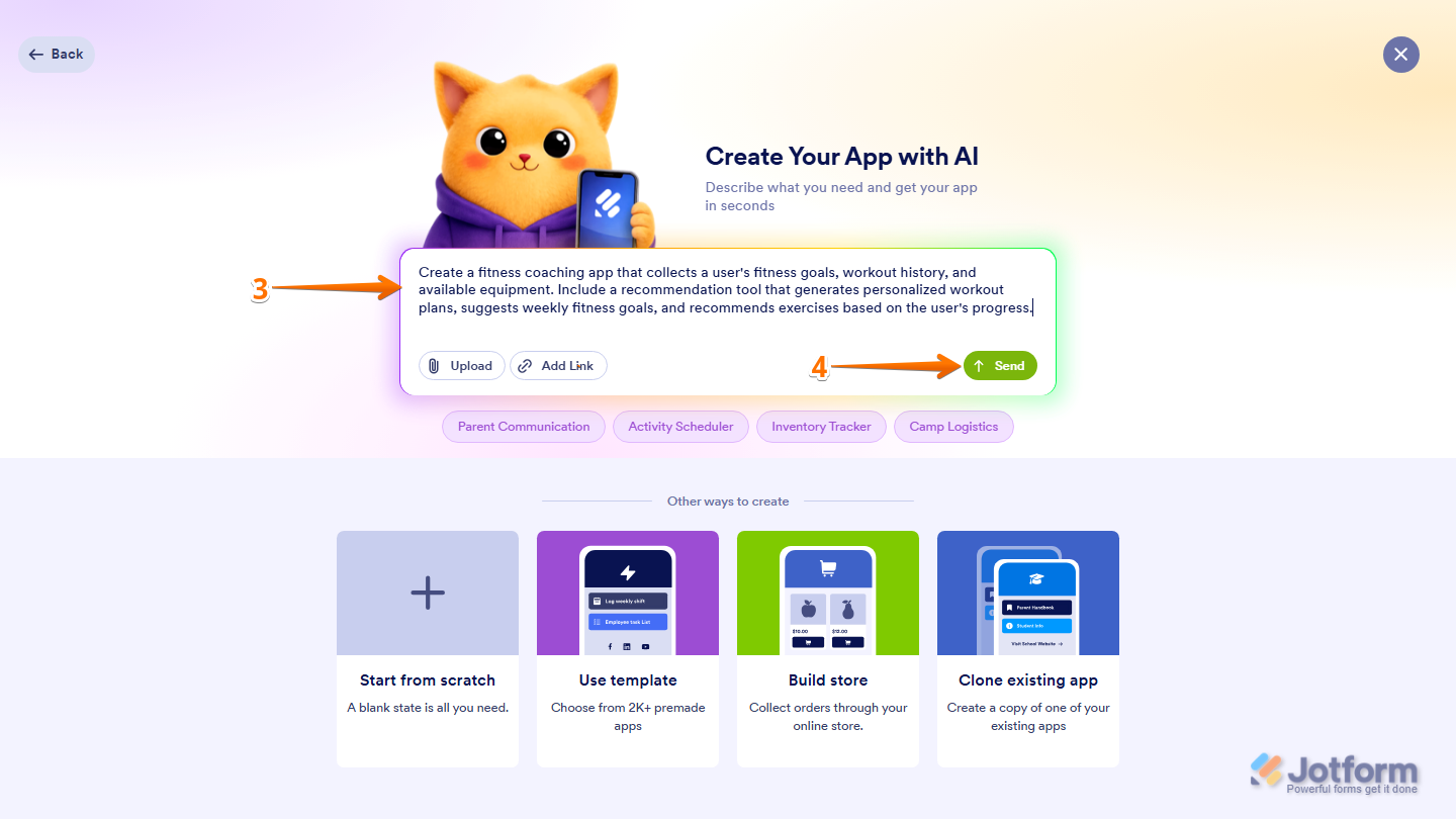 Jotform Create Your App with AI screen showing a prompt entered in the center text box, with example app ideas and the Send button available to generate an AI-powered app