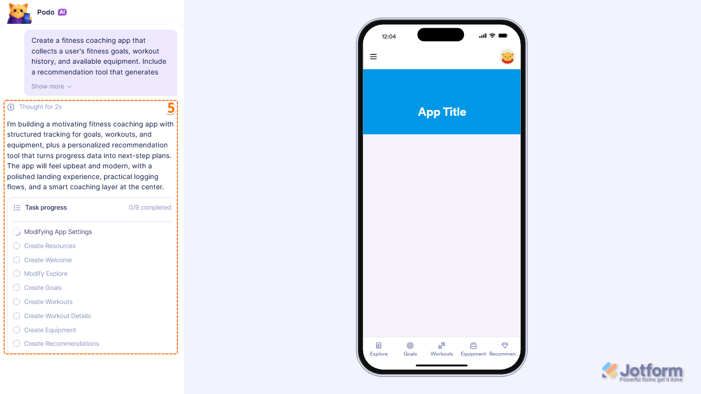 Jotform Create Your App with AI screen showing Podo AI generating an app and AI widgets based on a user prompt, with progress indicators and a live app preview displayed during creation