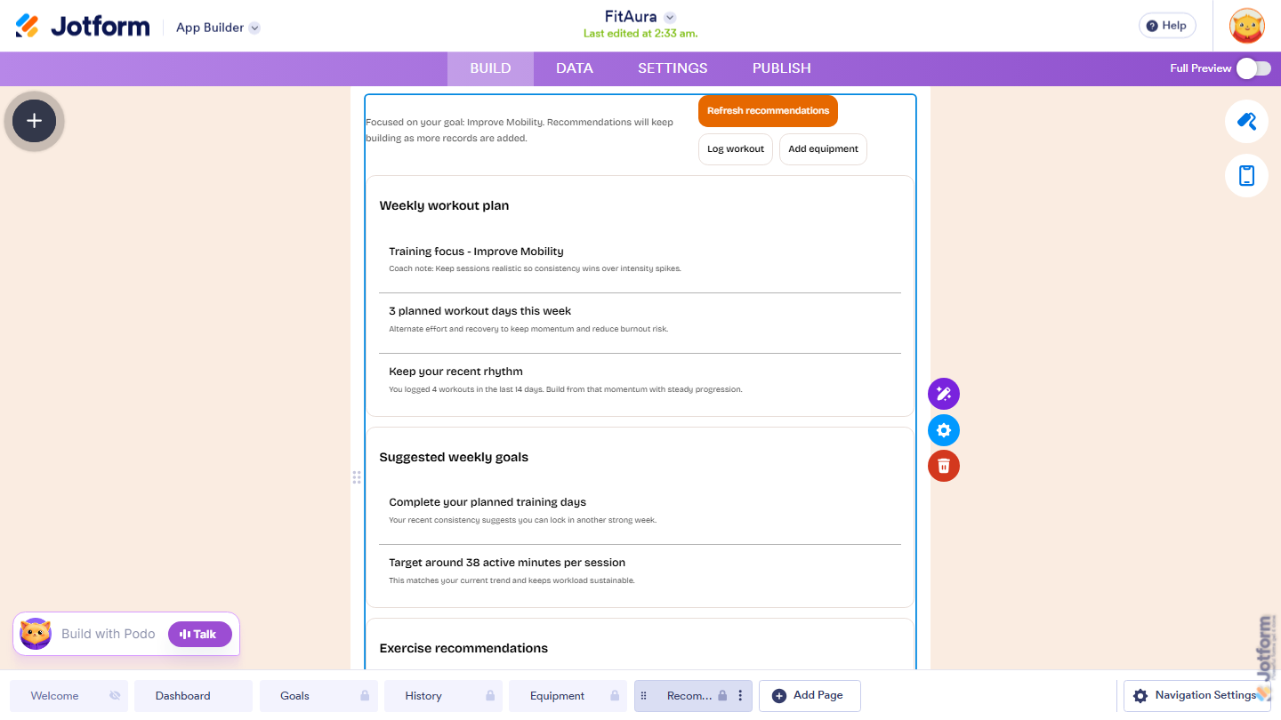 Jotform App Builder showing a newly added AI Widget generated by Podo AI, providing personalized recommendations based on user inputs such as preferences, goals, or submitted information
