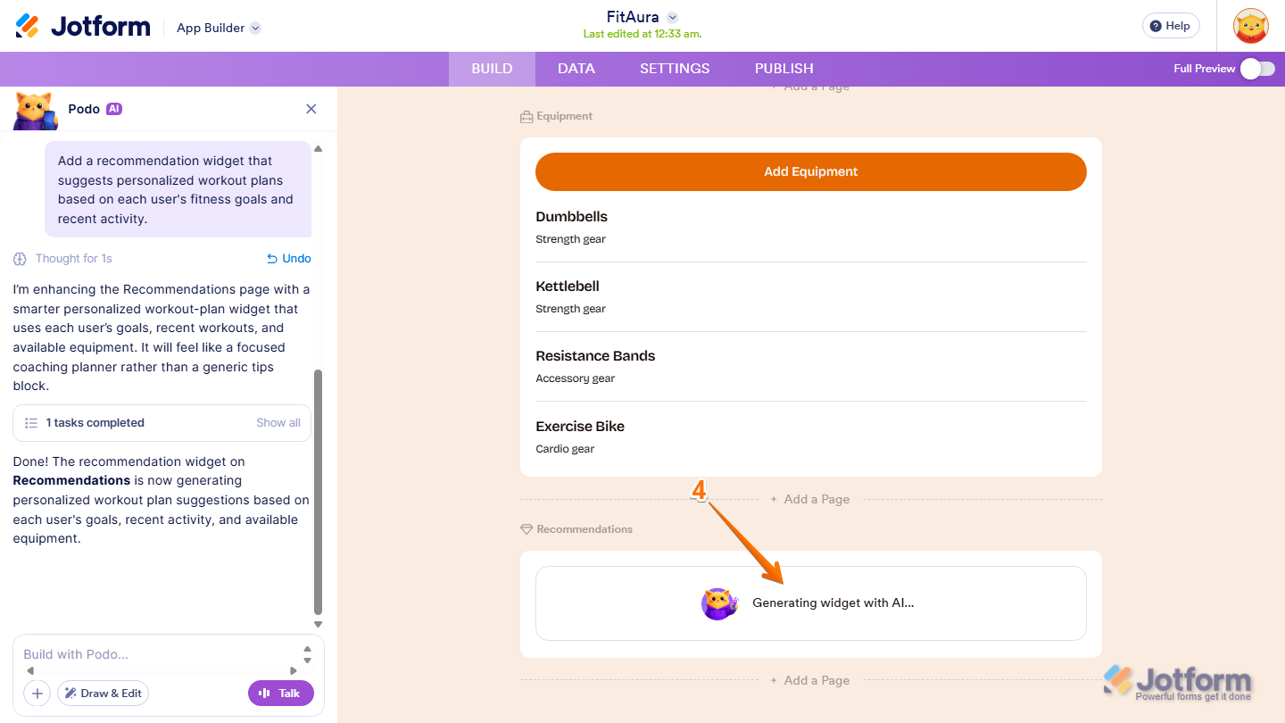 Jotform App Builder showing a Generating Widget with AI status message while Podo AI processes a request and creates a new AI Widget for the app