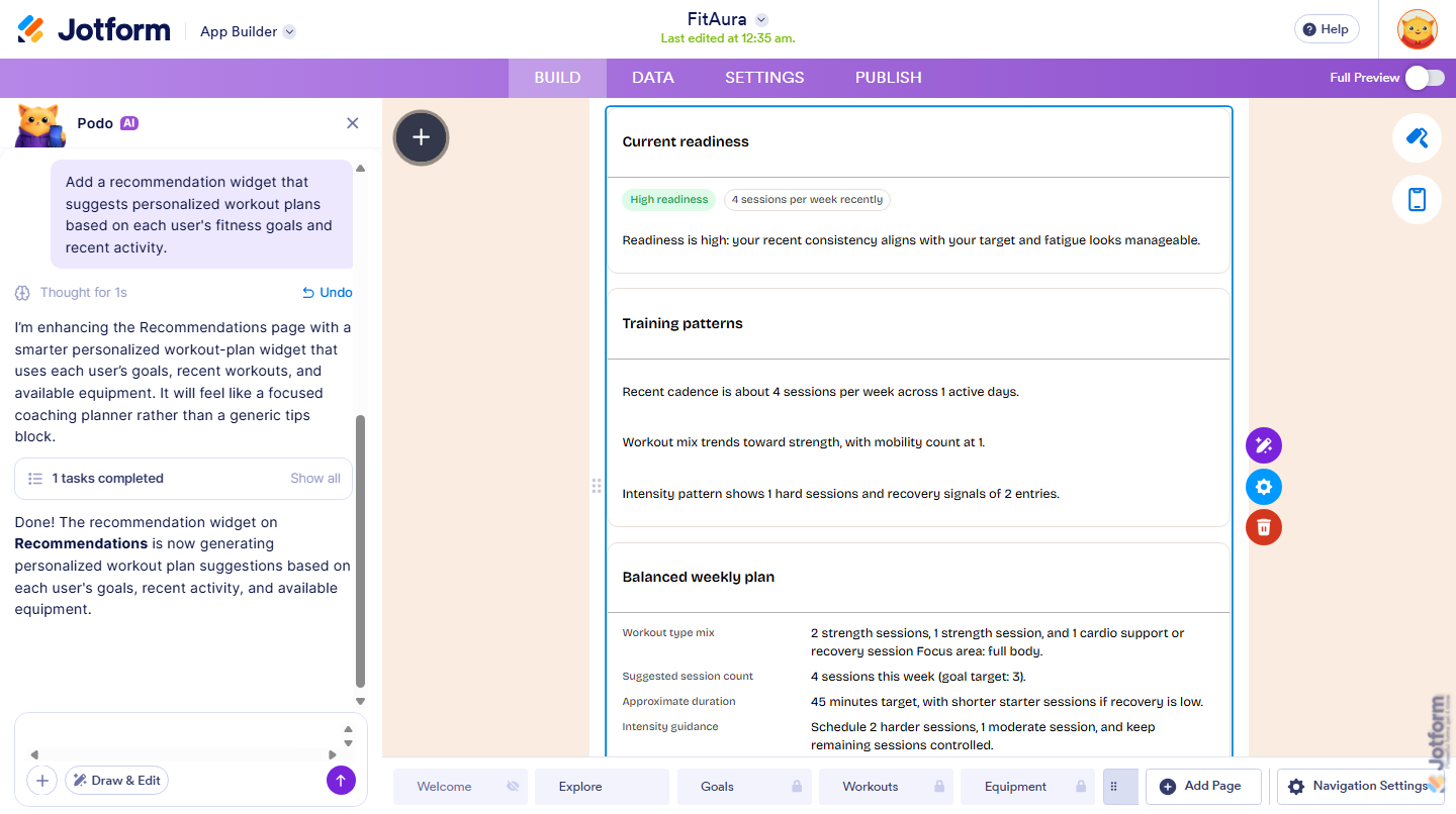 Jotform App Builder displaying a completed AI Widget populated with AI-generated recommendations, including personalized weekly plans, goals, and exercise suggestions based on user preferences and submitted information