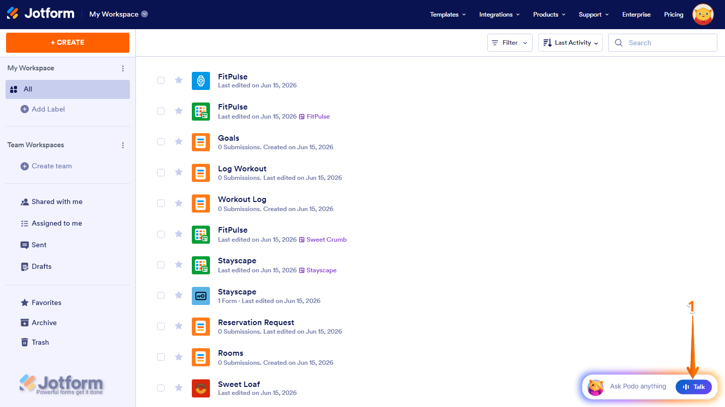 Jotform Workspace showing the Ask Podo Anything chatbox in the bottom-right corner with the Talk button available for starting a voice conversation with Podo AI