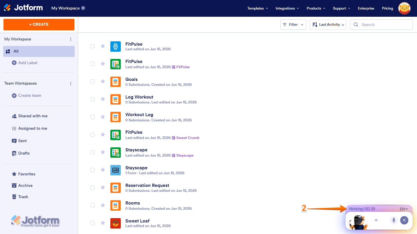 Jotform Workspace showing the Ask Podo Anything chatbox in Working mode while Podo AI processes a voice request to create an app, with example prompts for restaurant ordering, school portal, event registration, and real estate apps