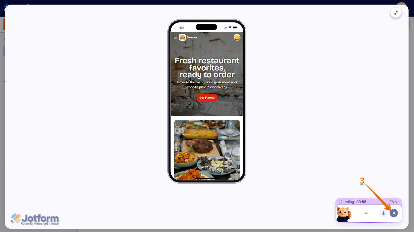 Jotform Workspace showing a generated app preview created by Podo AI, with the Ask Podo Anything chatbox available for additional voice commands and an X icon to end the conversation