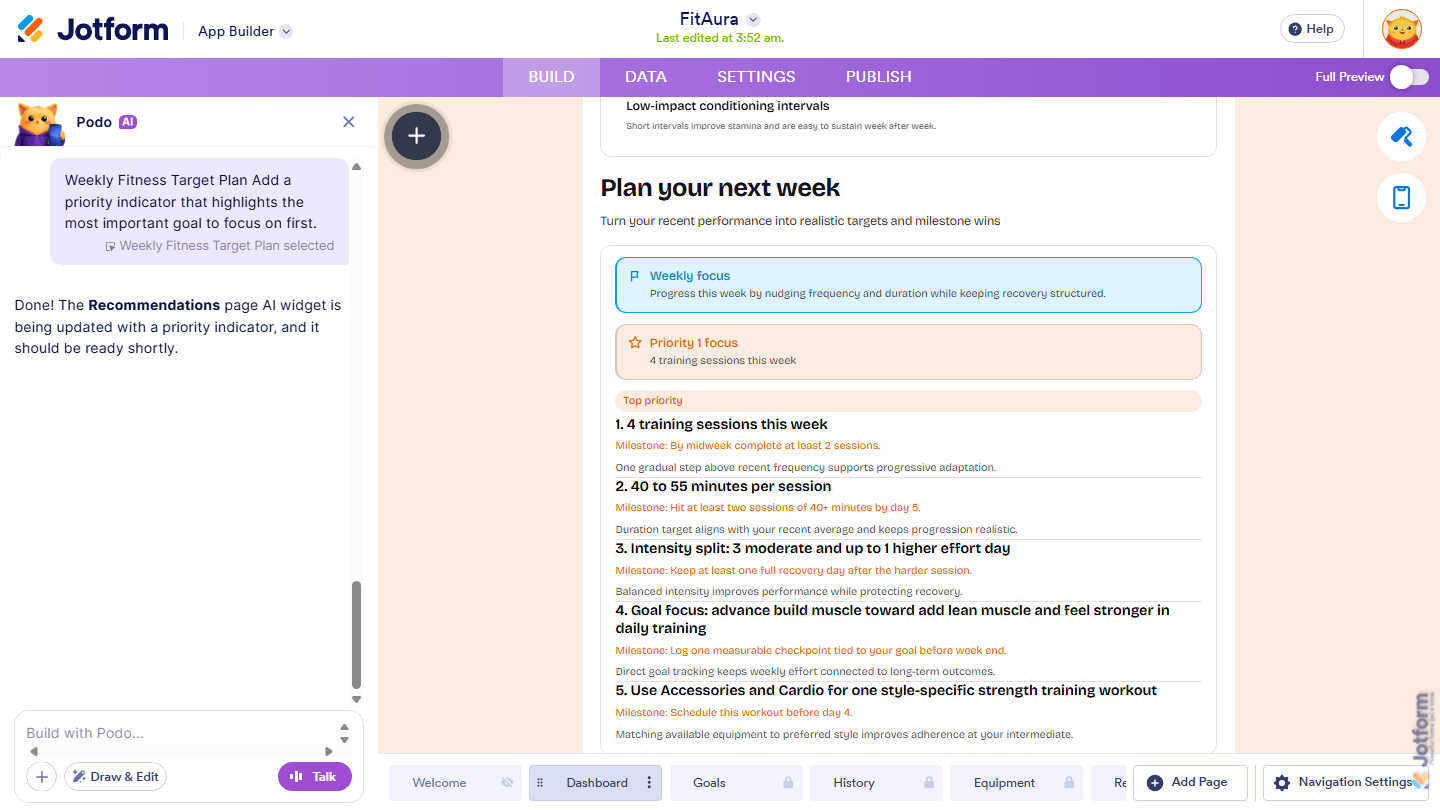 Jotform App Builder showing an updated AI Widget with newly applied customizations, including a priority indicator that highlights the most important goal for users to focus on first