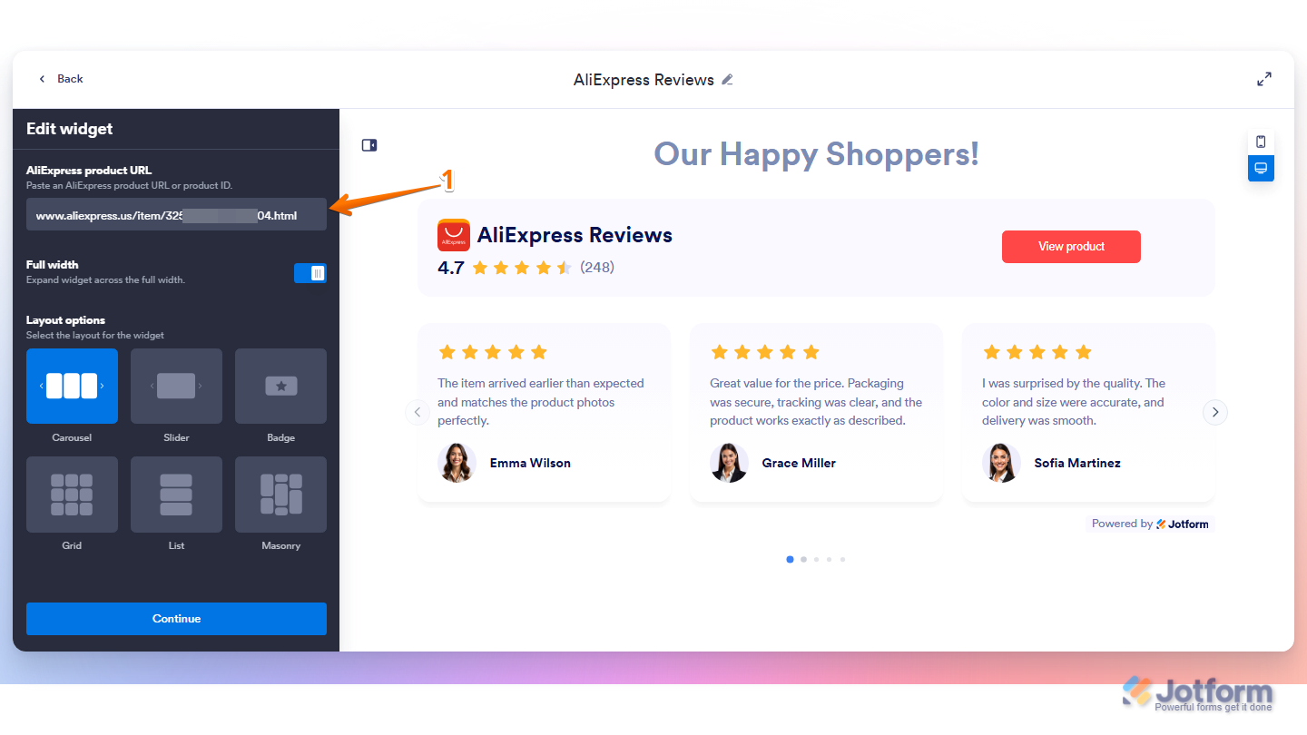 Jotform AliExpress Widget page showing the Edit Widget panel with the AliExpress Product URL field filled with an AliExpress product URL or Product ID