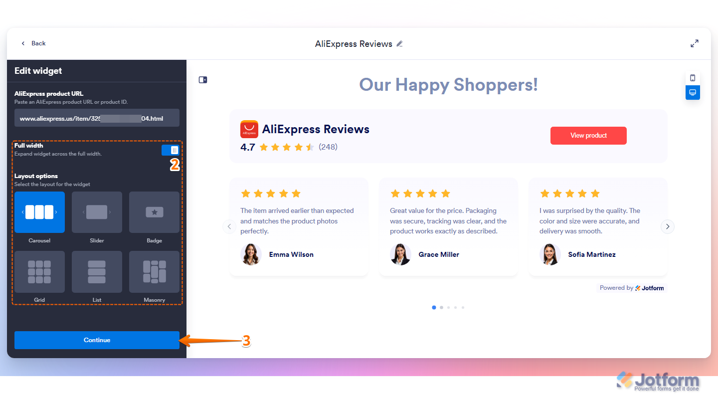 Jotform AliExpress Widget page showing the Edit Widget settings with Full Width and Layout Options configured, including Carousel, Slider, Badge, Grid, List, and Masonry layouts, along with the Continue button