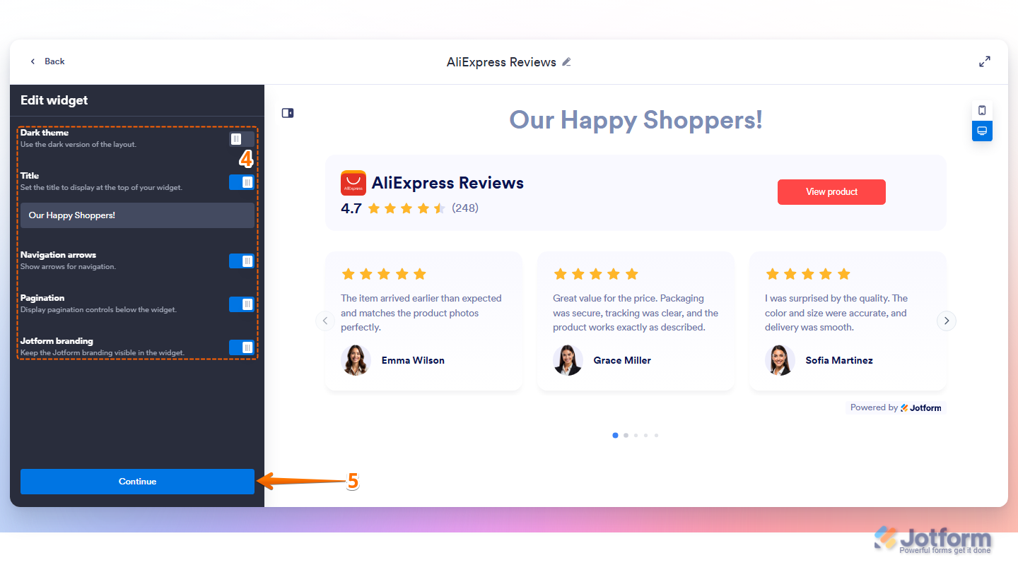 Jotform AliExpress Widget page showing customization settings for Dark Theme, Title, Navigation Arrows, Pagination, and Jotform Branding, with the Continue button ready to proceed