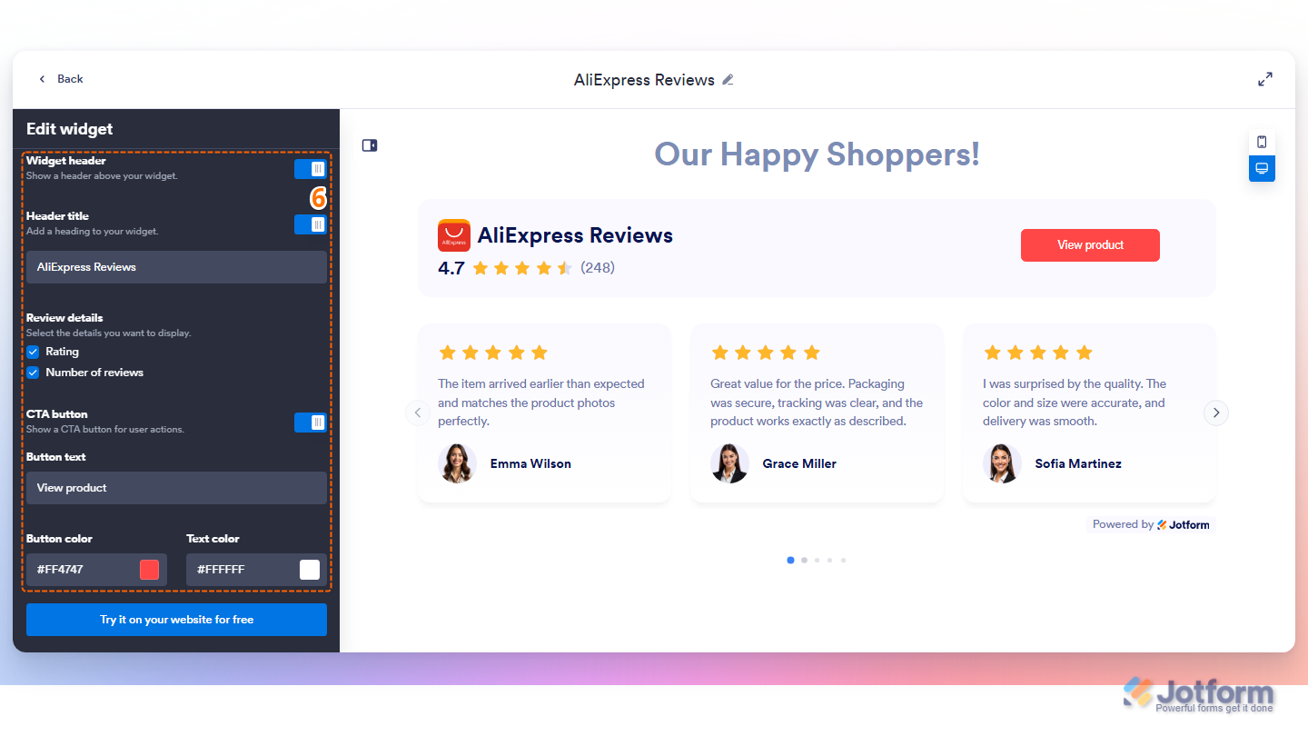 Jotform review widget settings page showing customization options for Widget Header, Header Title, Review Details, CTA Button, Button Text, Button Color, and Text Color, allowing users to personalize the widget header and call-to-action appearance